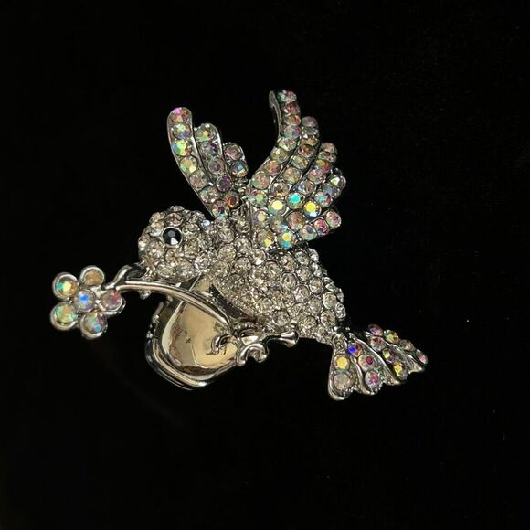 Vintage Silvertone Bedazzled Rhinestone Sparkly Statement Stretchy Bird Ring - Picture 2 of 7
